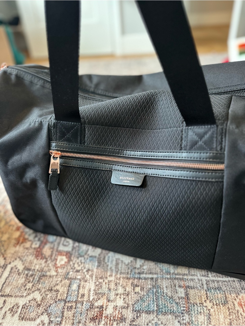 Storksak London Rolling Diaper Bag | Complete Set | Black & Rose Gold